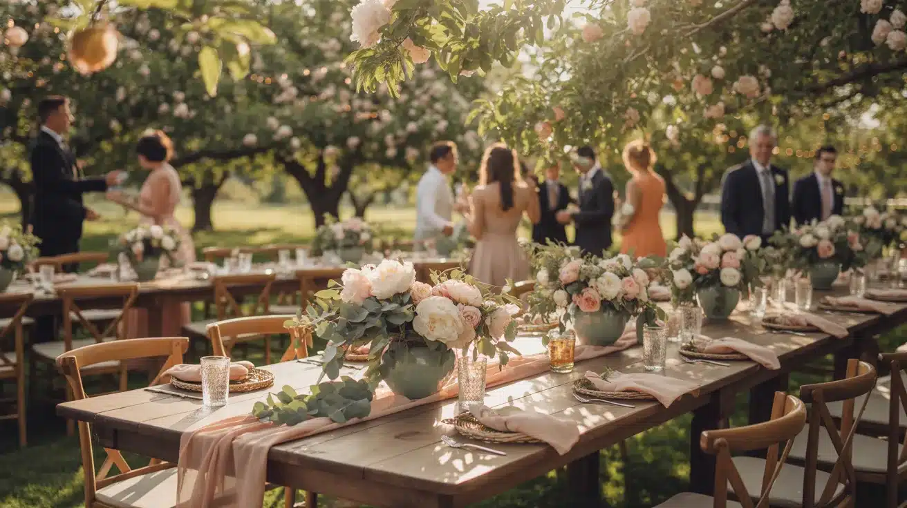 Garden wedding featuring sage green and peach accents inspired by the gentle colors of a summer orchard.