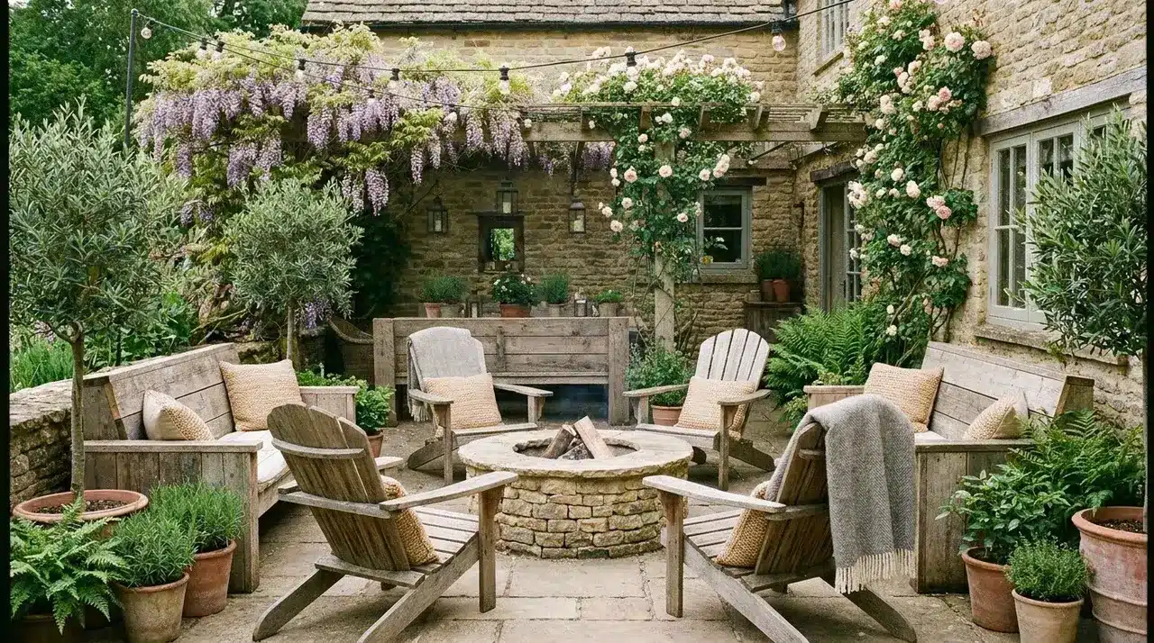 Farmhouse outdoor living space with rustic seating, stone fire pit, flowering vines, potted plants, and cozy cushions.