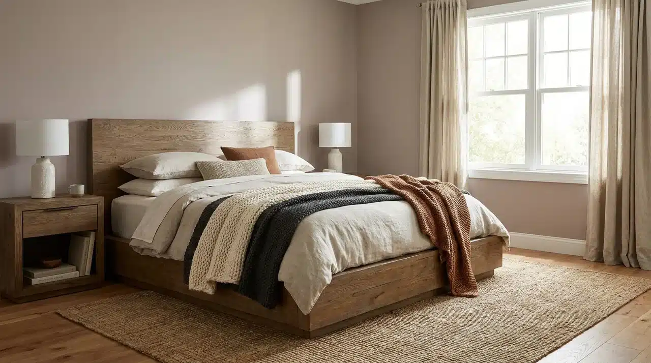 Modern farmhouse bedroom with warm earth-tone walls, wooden bed frame, layered neutral bedding, woven rug, and natural light.
