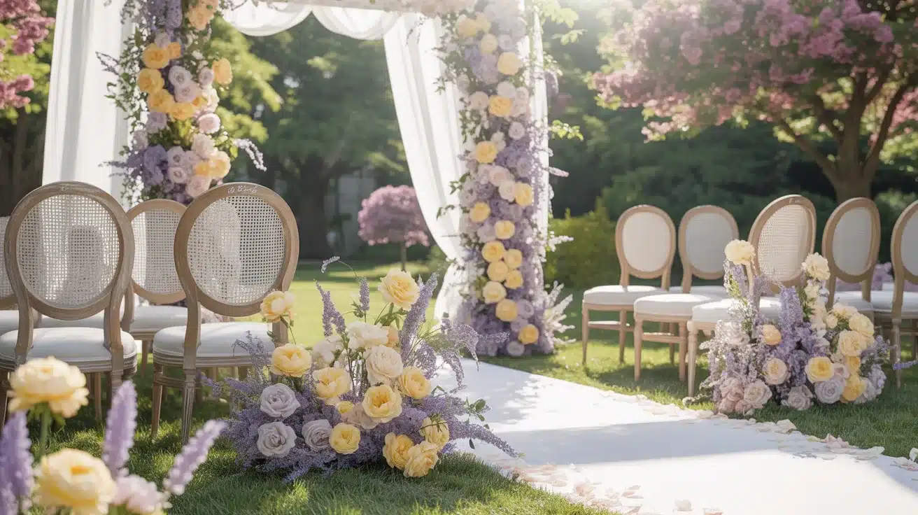 Light summer wedding palette featuring butter yellow and soft lilac accents in a playful pastel setting.