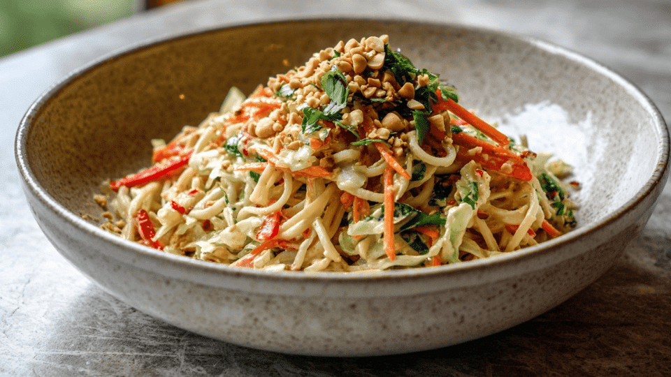 Peanut noodle salad with vegetables in a creamy peanut sauce