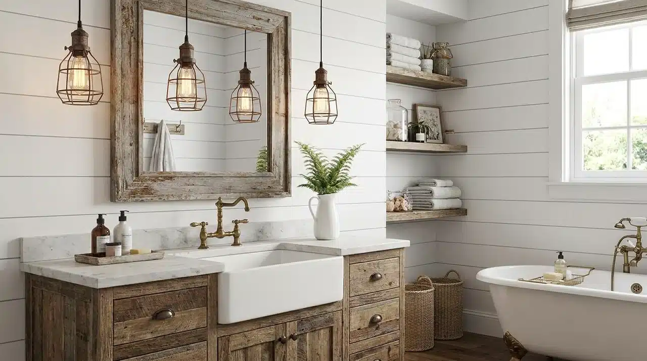 Farmhouse bathroom with rustic pendant lighting, reclaimed wood vanity, apron-front sink, shiplap walls, and clawfoot tub.