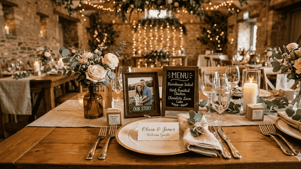 Wedding table with personalized details like photos and chalkboard menu