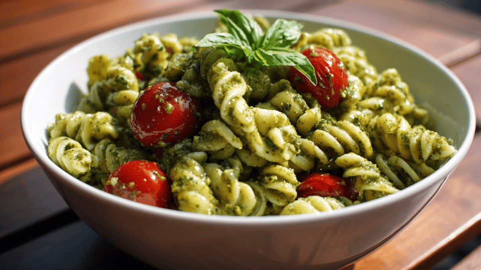 Pesto pasta salad with cherry tomatoes and fresh basil