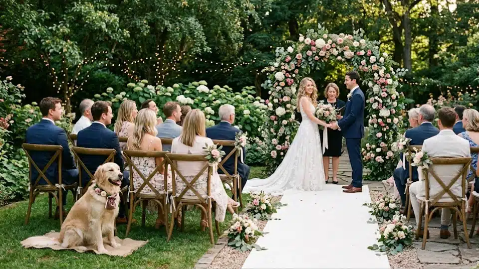 Small outdoor wedding with couple, guests, and dog as ring bearer