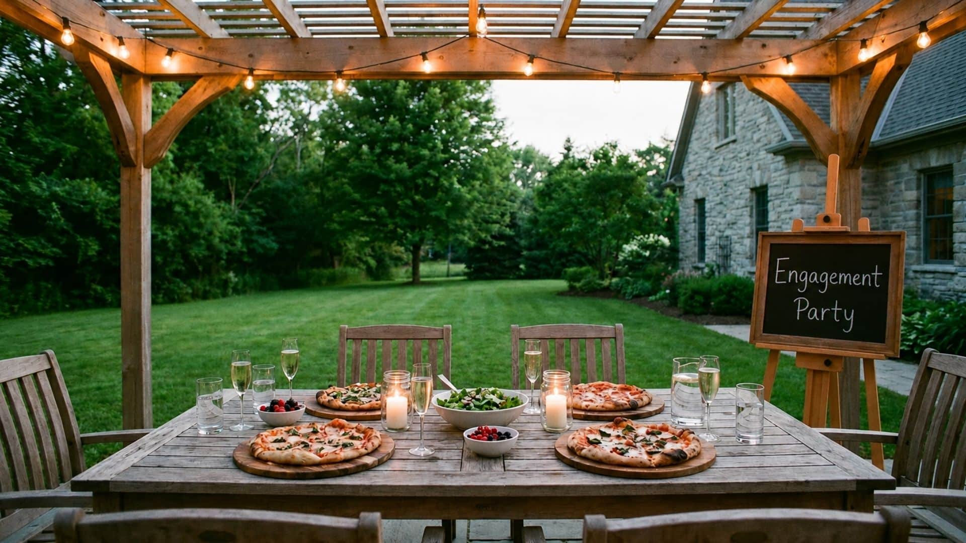 Backyard engagement party with fresh pizzas, prosecco, salads, rustic wooden tables, and patio lights.