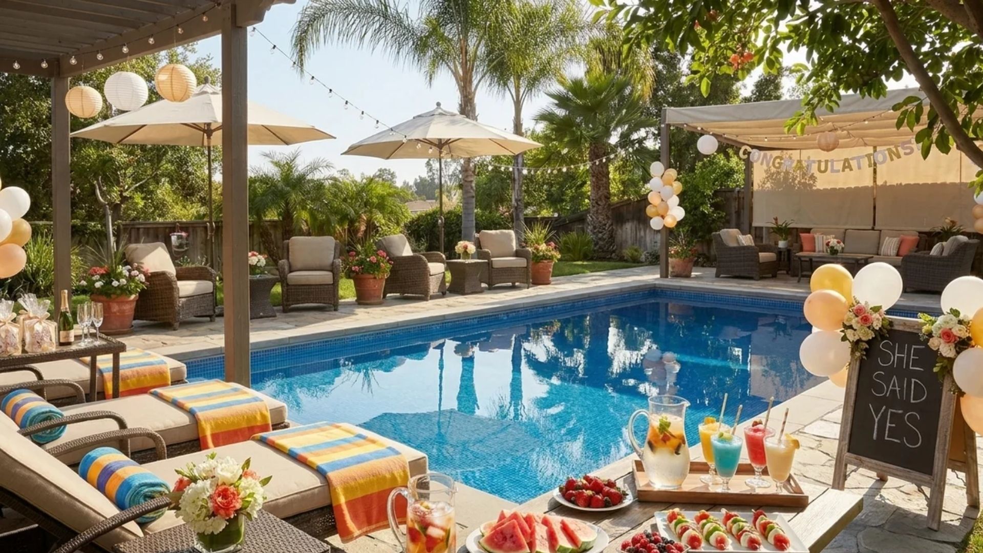 Poolside engagement party with frozen drinks, summer food, lounge chairs, flowers, and a Happily Engaged sign.