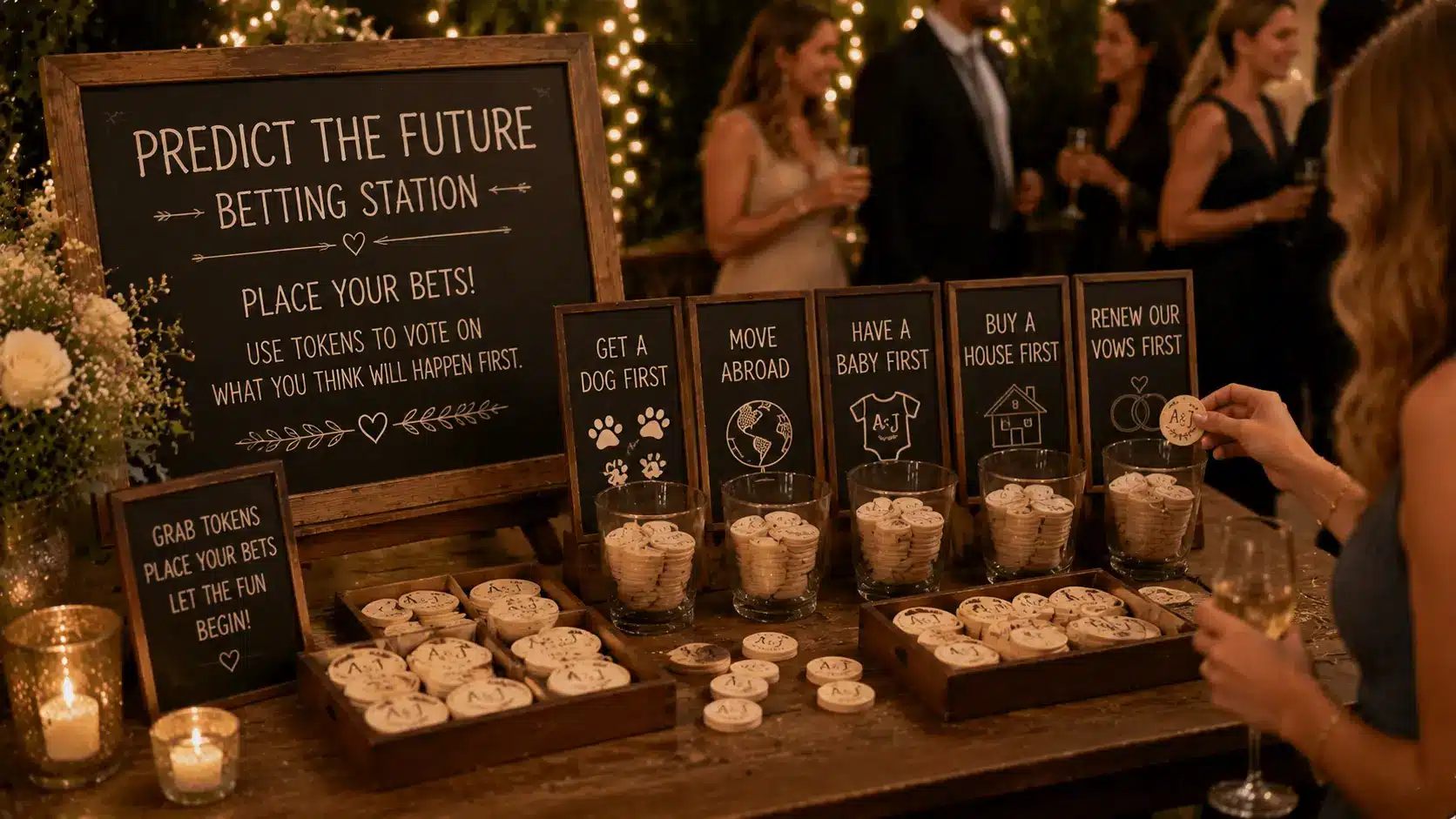 Guests place bets on future milestones at a wedding betting station.