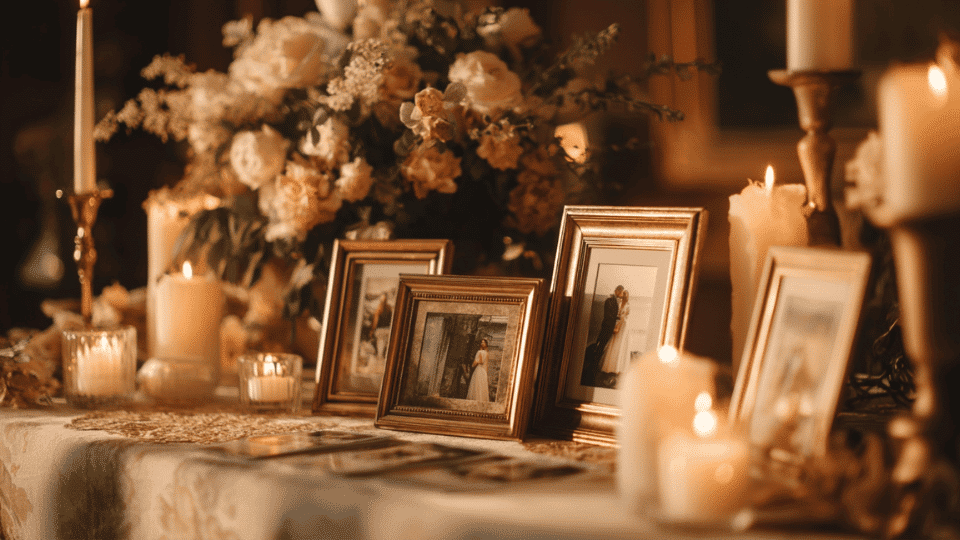 Wedding table with framed photo favors, candles, and floral accents