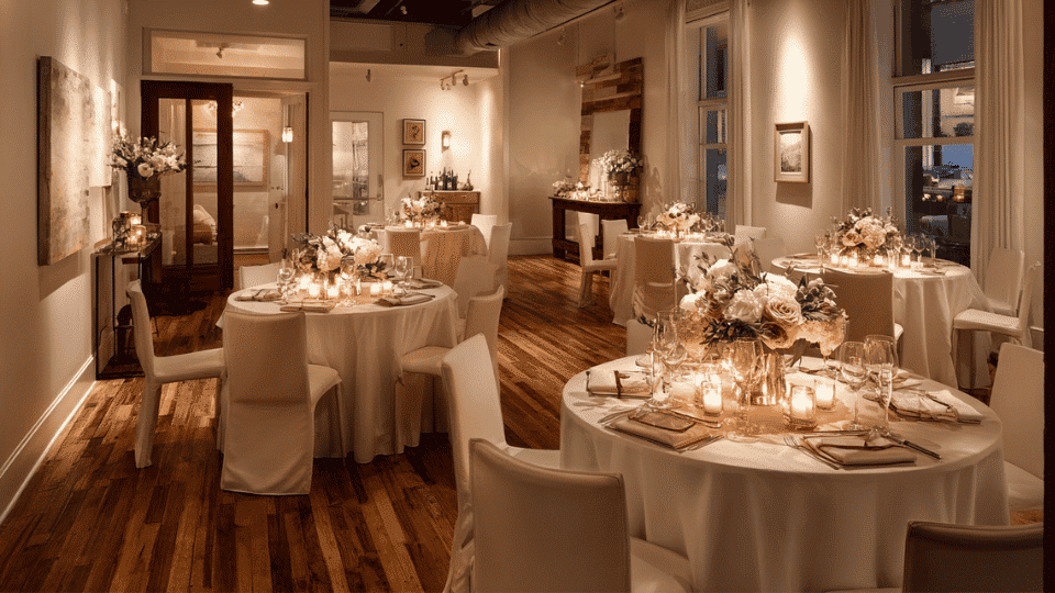 Private dining room set for small wedding with candles and floral centerpieces