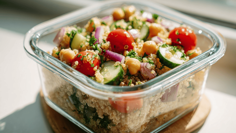 Quinoa chickpea salad with cucumber, tomatoes, and parsley in a container