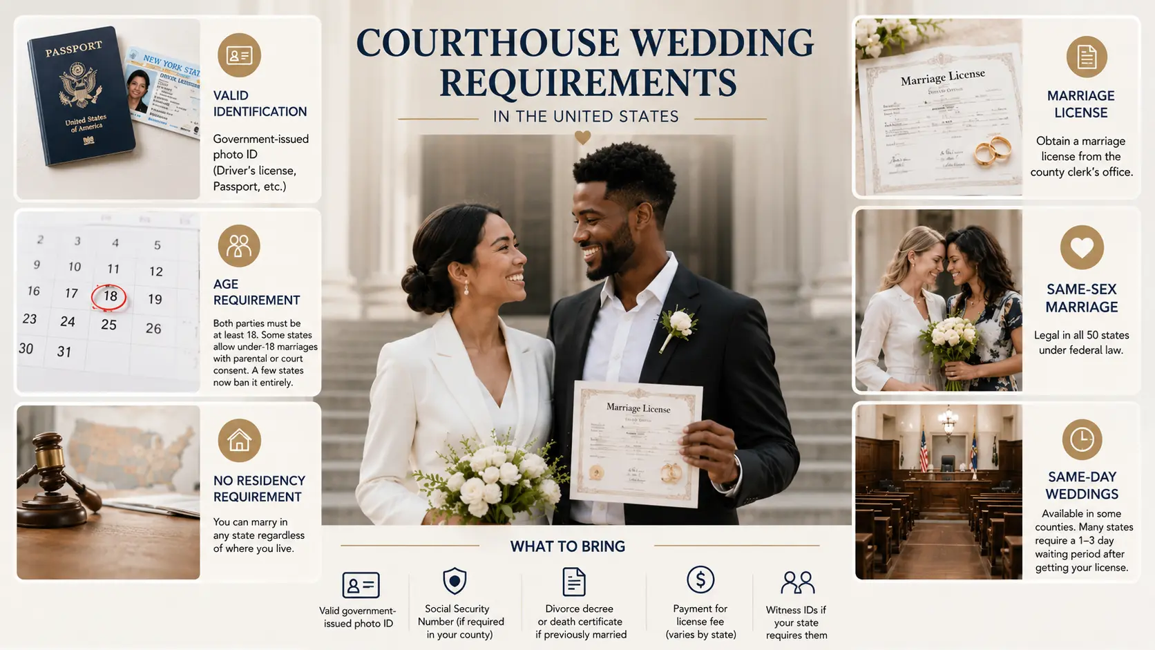 Courthouse wedding requirements infographic showing a couple, marriage license, valid ID, age, residency, and ceremony details.