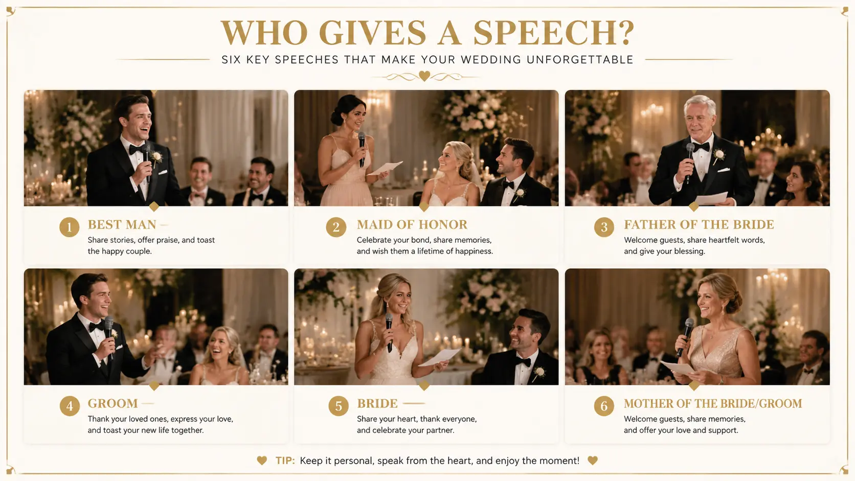 Infographic showing six wedding speech roles, including the best man, maid of honor, parents, groom, and bride.
