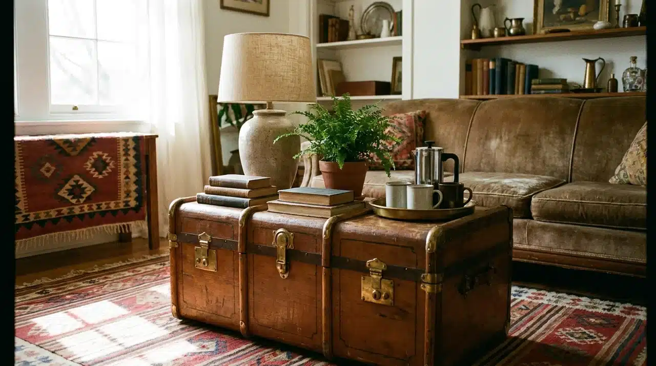 Farmhouse living room with a repurposed vintage trunk coffee table, leather sofa, patterned rugs, and rustic decor accents.
