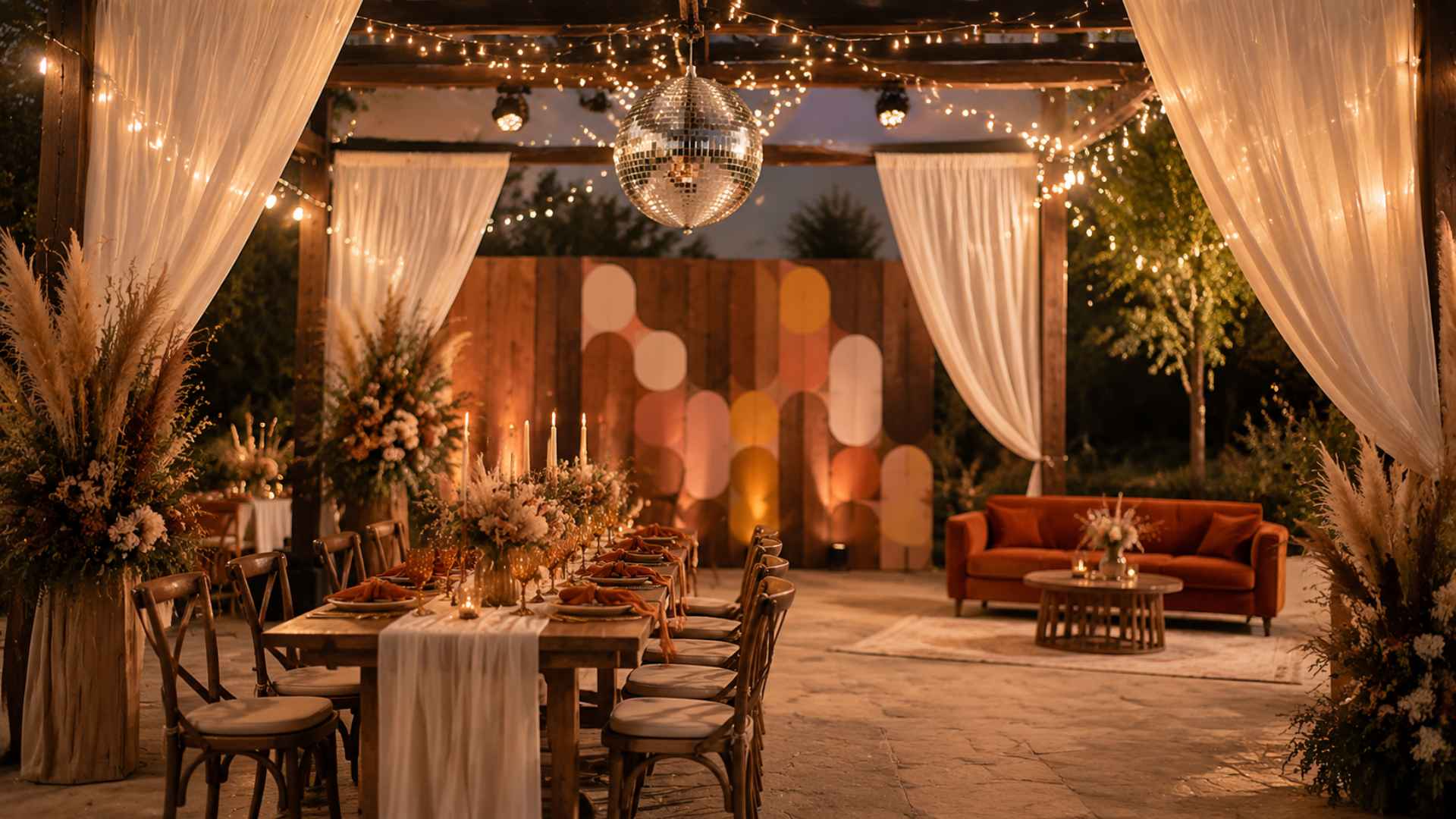 Wedding with 70s-90s era décor, flared silhouettes, geometric patterns, nostalgic vibe.