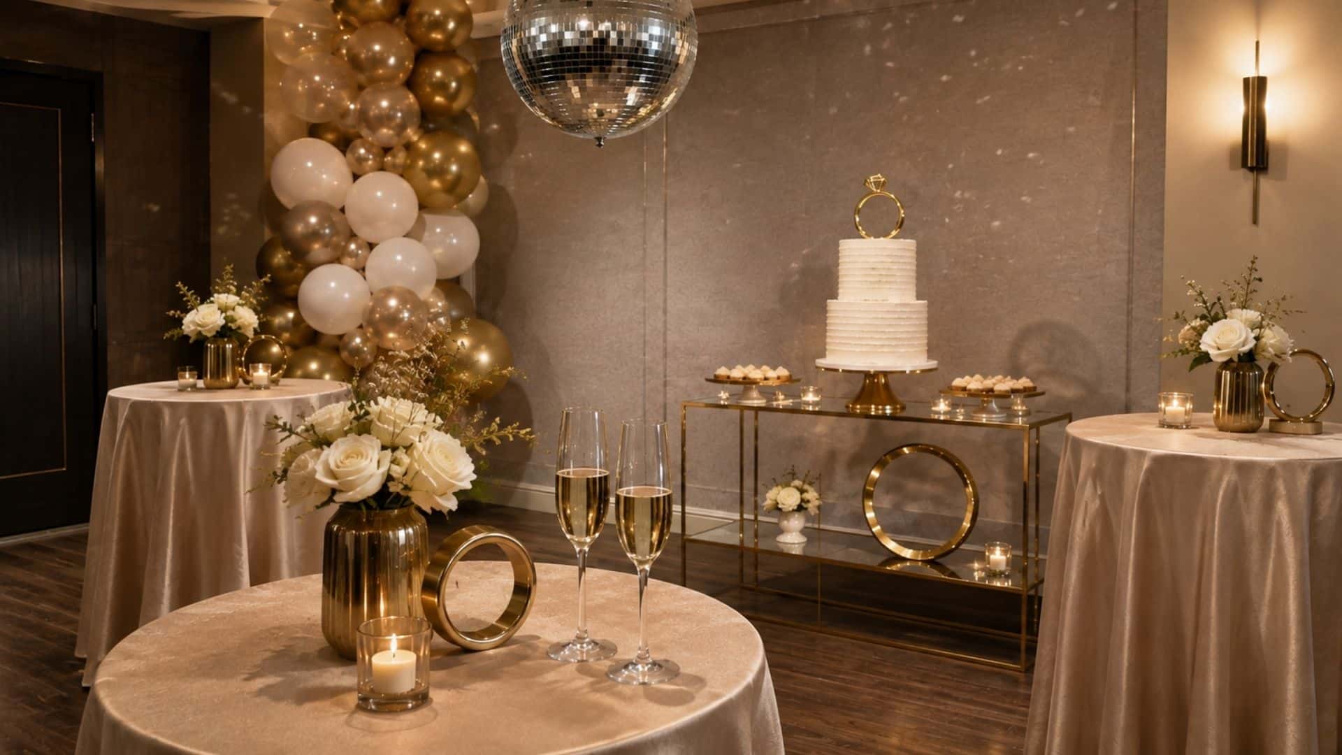 Glamorous gold and white engagement party with champagne, white flowers, disco ball, balloons, and tiered cake.