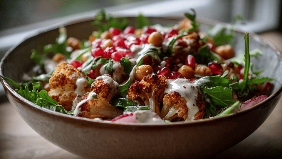 Roasted cauliflower salad with chickpeas, greens, and tahini