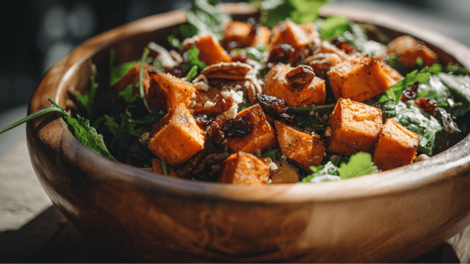 Roasted sweet potato salad with greens, pecans, and cranberries