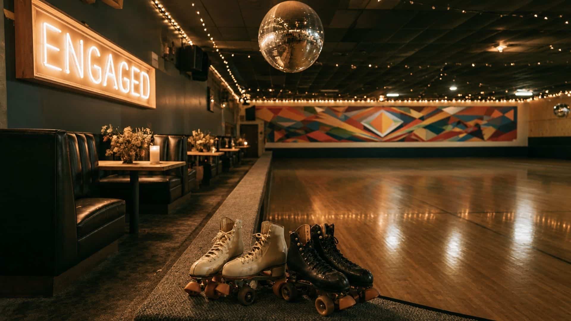 Retro roller rink engagement party with skating floor, roller skates, disco ball, and minimal festive decor.