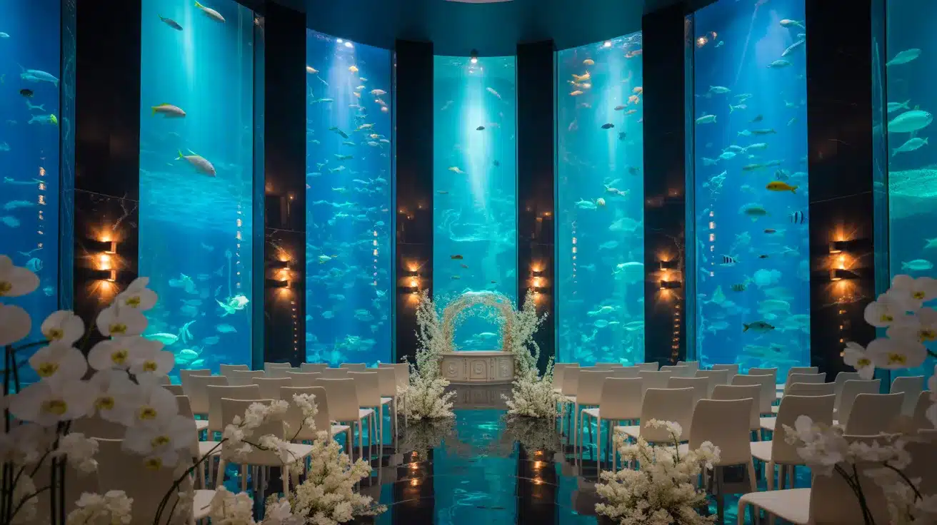 Aquarium event space illuminated by glowing blue fish tanks and soft underwater light.