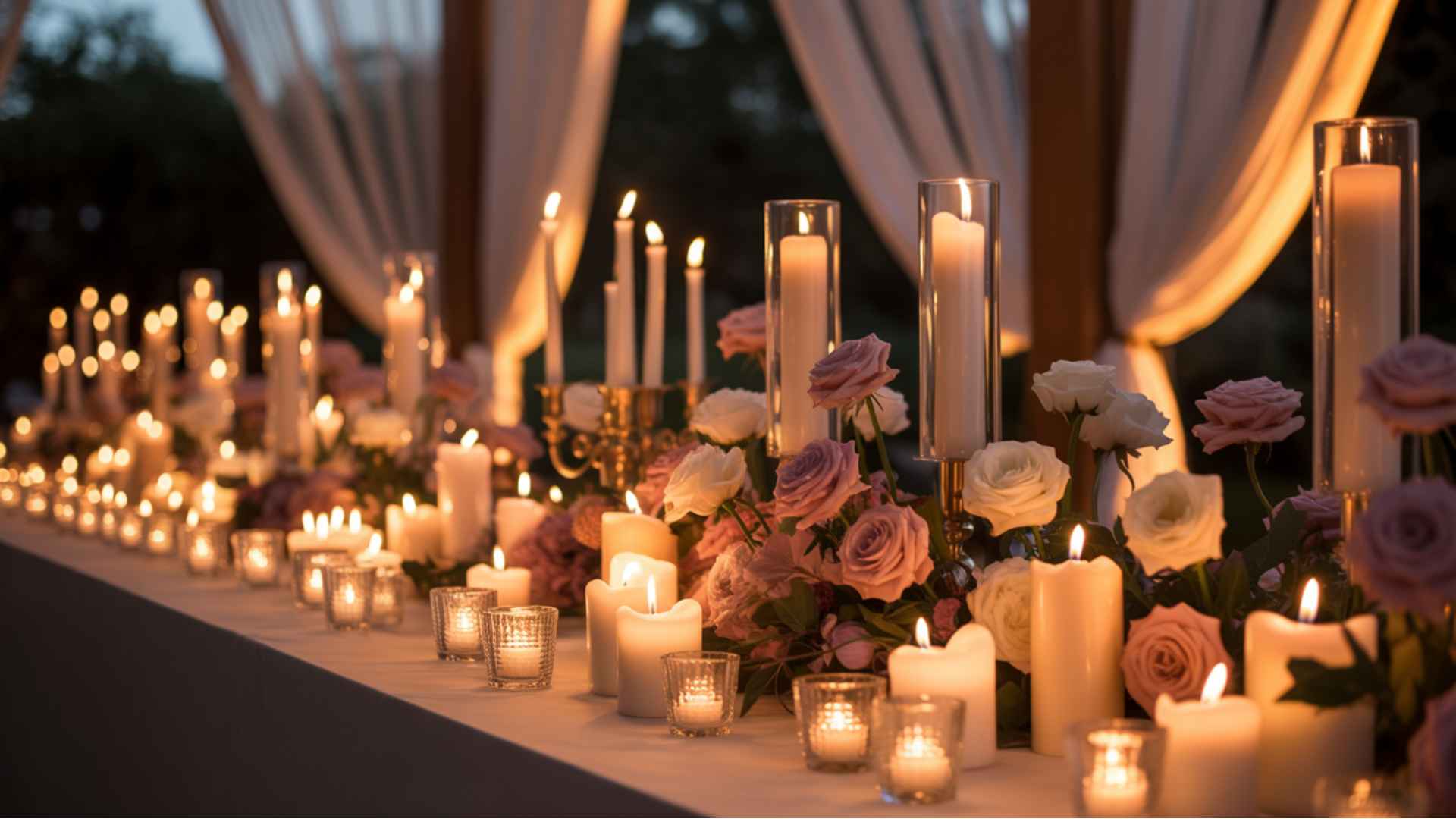 Evening wedding with hundreds of glowing candles, draped fabrics, and roses.
