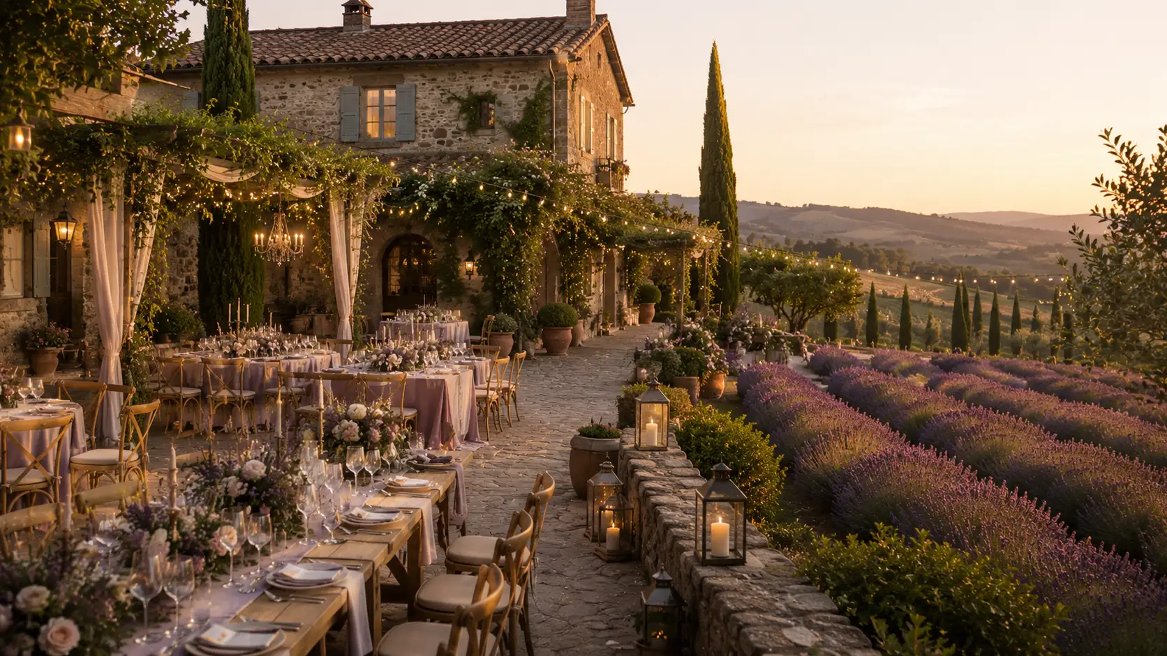 Romantic European countryside setting surrounded by lavender fields and charming rural scenery.