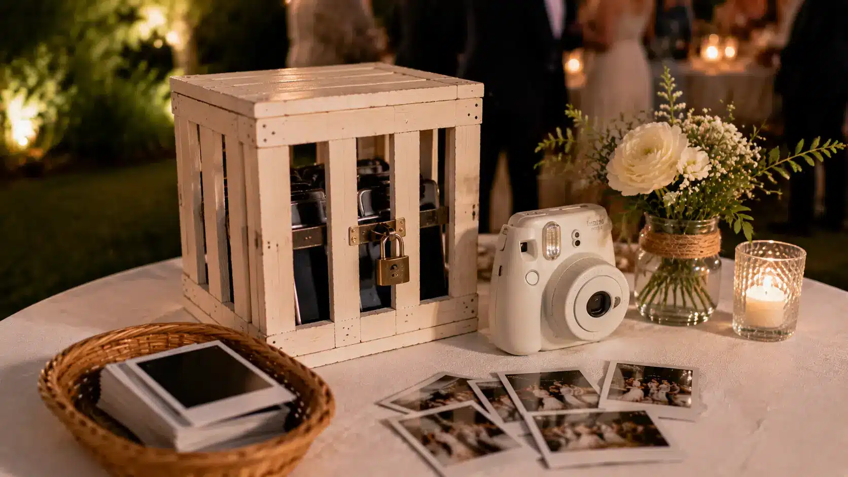 Guests exchange their phones for Polaroid cameras and complete a wedding photo scavenger hunt.