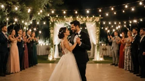 Romantic outdoor wedding with bride, groom, and guests holding sparklers with fun and warming expressions.