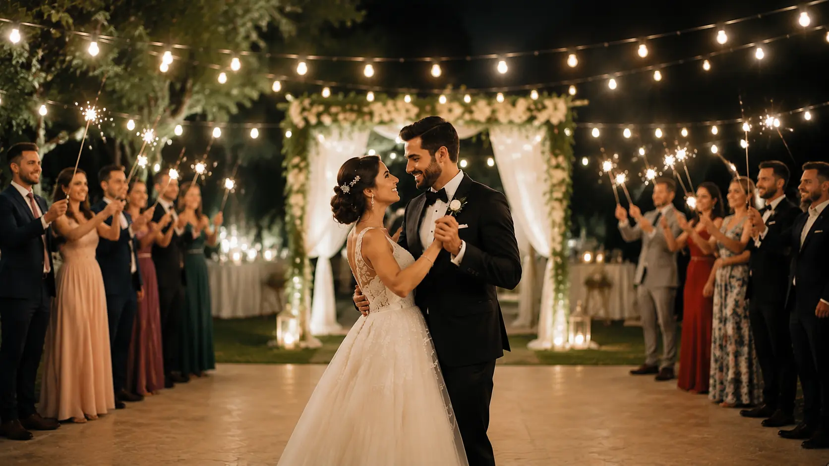 Romantic outdoor wedding with bride, groom, and guests holding sparklers with fun and warming expressions.