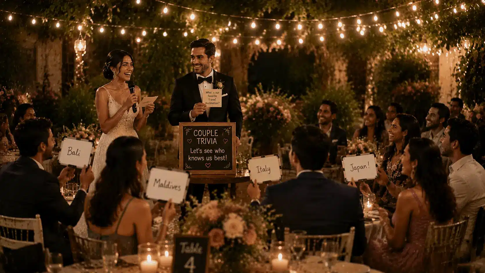 Guests participate in a fun couple trivia game at a wedding.