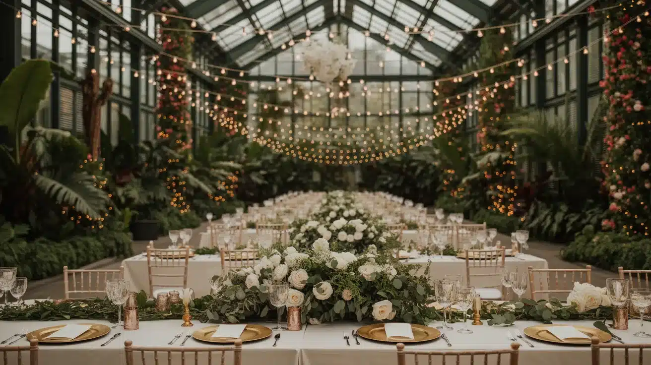 Glass greenhouse decorated with lush plants and glowing string lights for a romantic event.