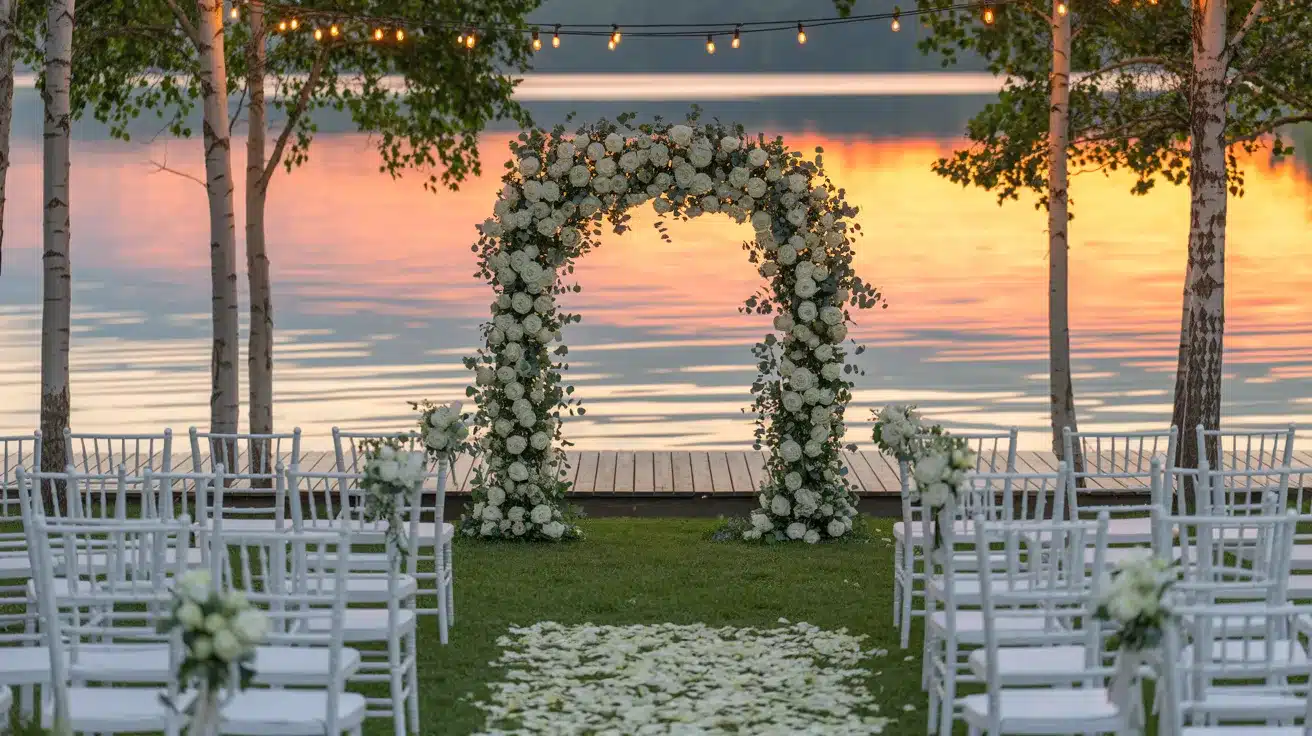 Romantic lakeside ceremony area overlooking calm water during a glowing sunset.