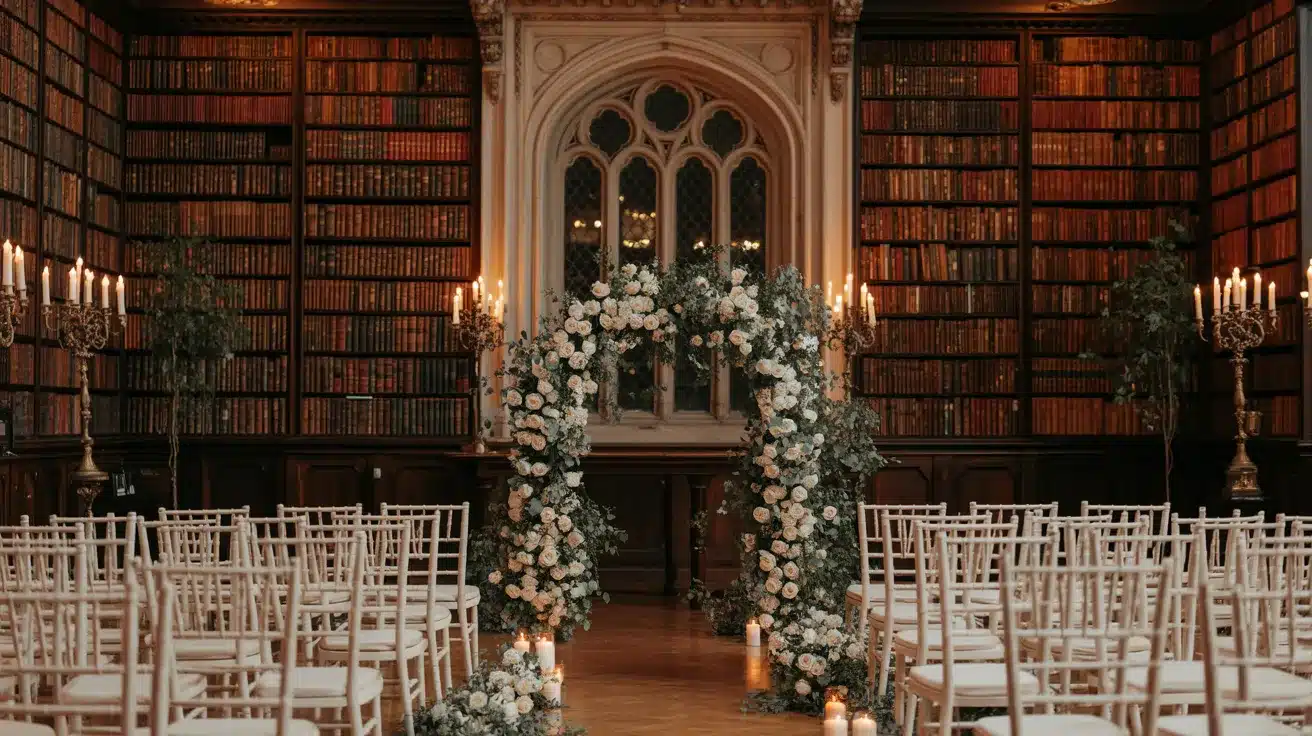 Romantic library filled with tall bookshelves, historic details, and warm ambient lighting.
