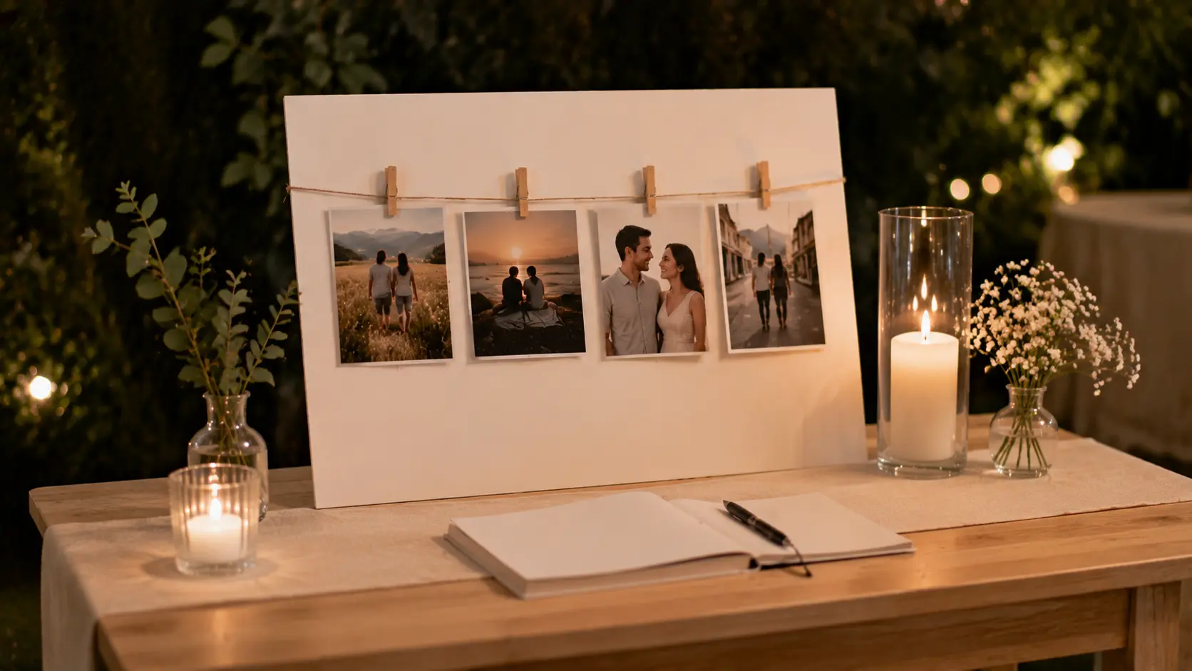 Framed photographs, handwritten notes, and relationship milestones fill a wedding memory table.