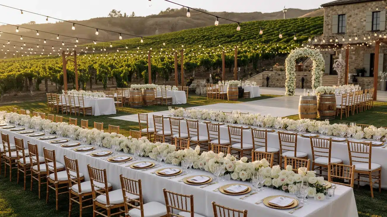 Vineyard celebration space surrounded by rolling hills and neat rows of green grapevines.
