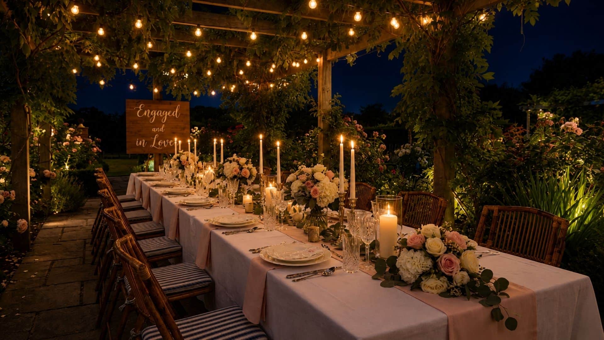 Romantic garden engagement dinner with a long table, seasonal flowers, candles, and greenery.