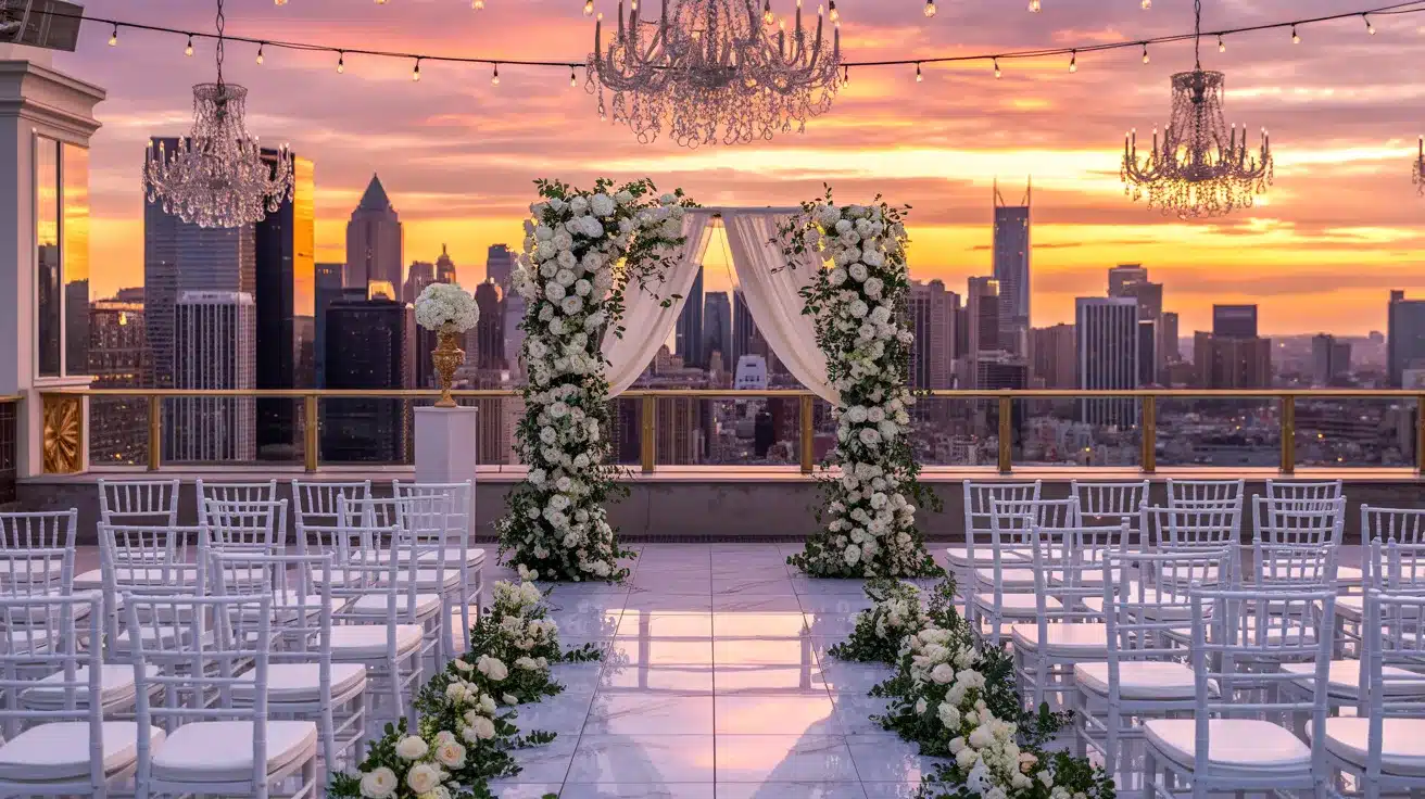 Rooftop ceremony area overlooking a city skyline beneath an open evening sky.