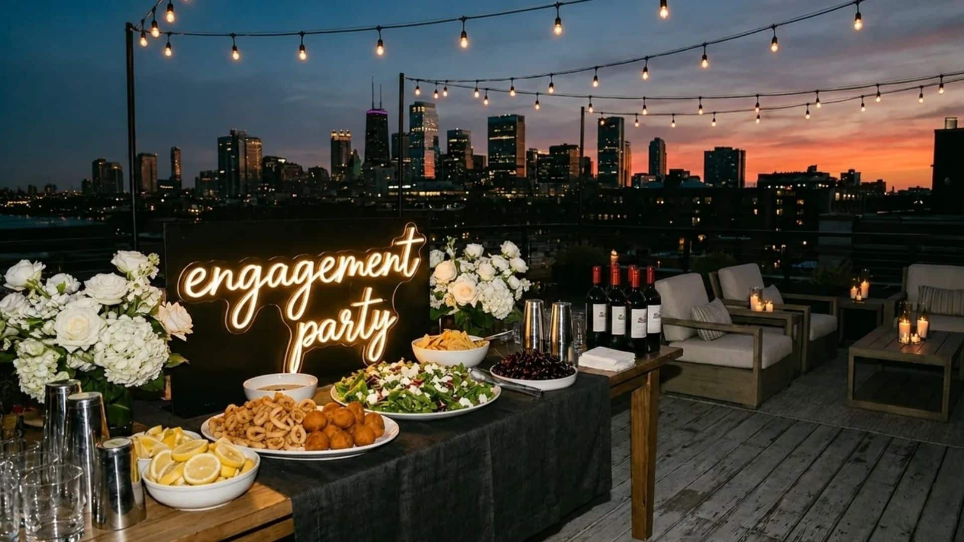 Modern rooftop engagement party with cocktail tables, minimal decor, small bites, and a city skyline.