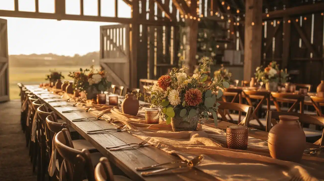 Rustic barn wedding with rust, amber, and olive tones featuring
