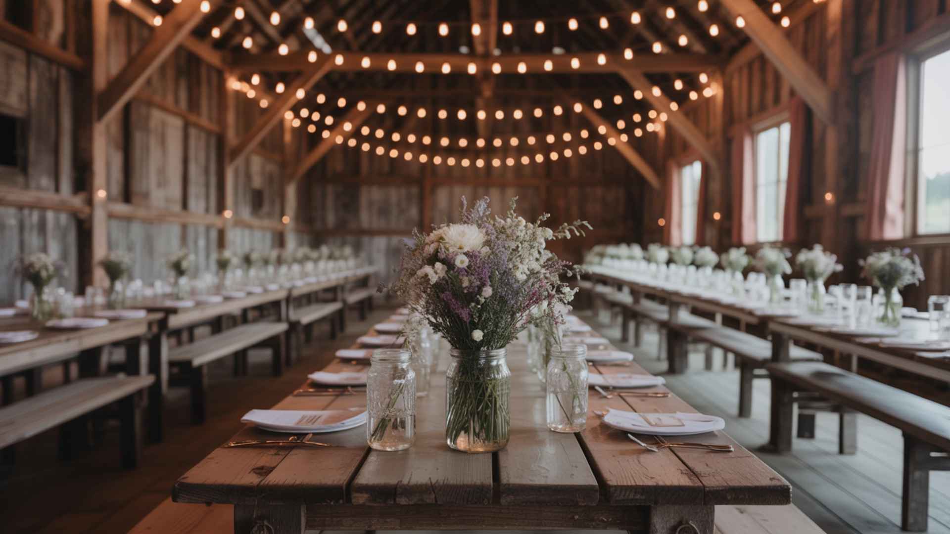 Barn reception with wooden tables, mason jars, string lights, and wildflowers.