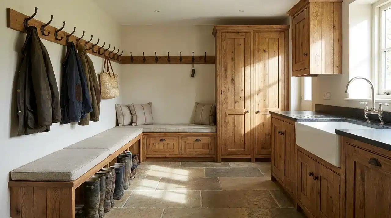 Farmhouse mudroom with rustic wood cabinetry, built-in bench seating, coat hooks, stone flooring, and farmhouse sink.