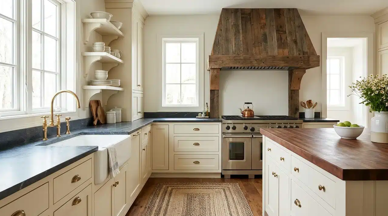 Farmhouse kitchen with a rustic wood range hood, cream cabinetry, farmhouse sink, butcher block island, and open shelving.