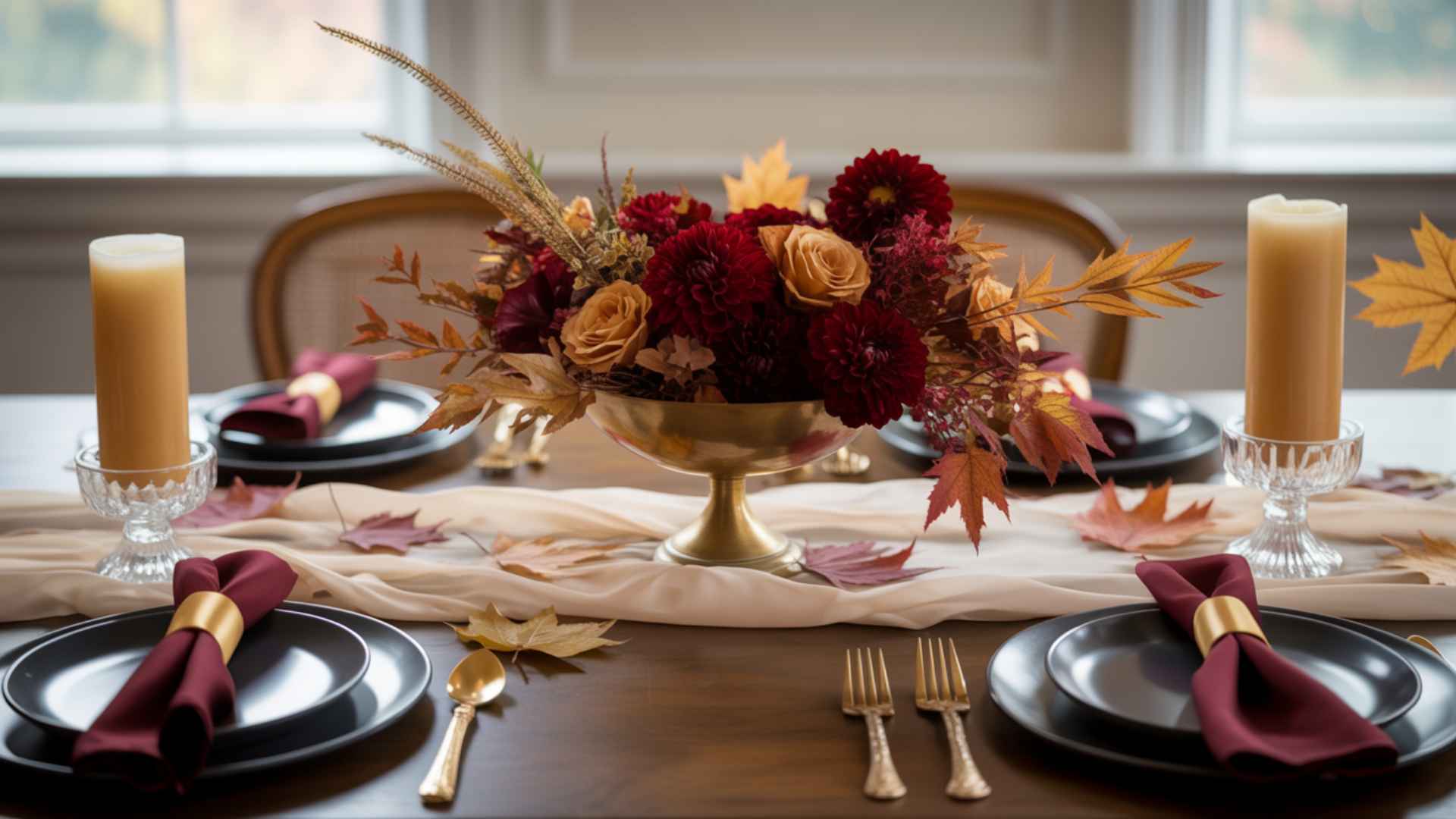 Autumn wedding table with burgundy florals, gold accents, black plates, candles, and fall leaves.