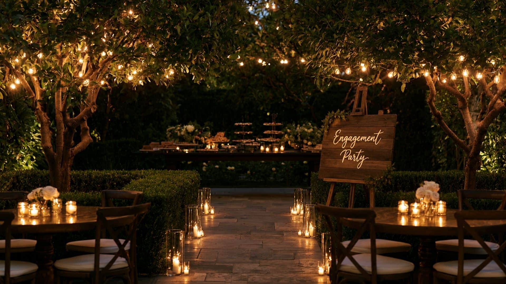 Secret garden engagement party with candlelit pathways, greenery, intimate tables, and warm fairy lights.