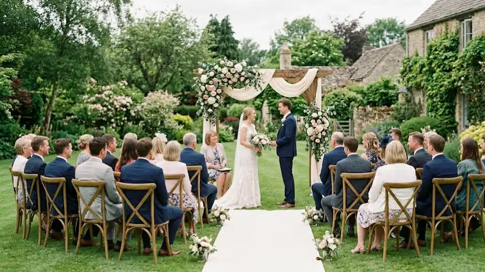 Outdoor wedding ceremony with semi-circle seating, couple at floral arch
