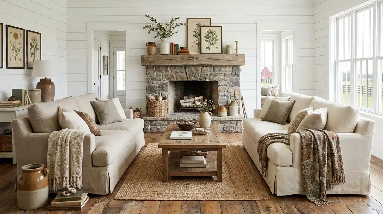 Farmhouse living room with white shiplap walls, stone fireplace, neutral sofas, wood accents, and abundant natural light.