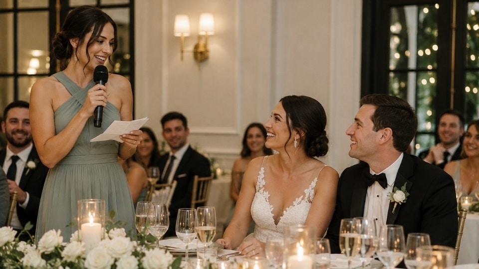 Friend giving a wedding toast as the bride and groom sit together at their reception table.
