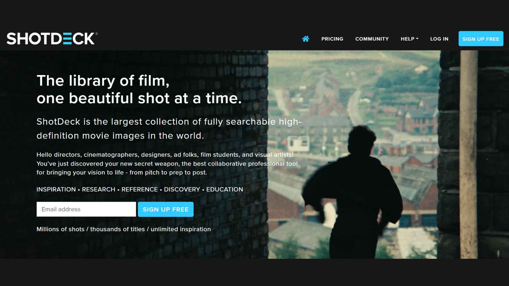 ShotDeck website featuring cinematic stills and visual references from films and television productions.