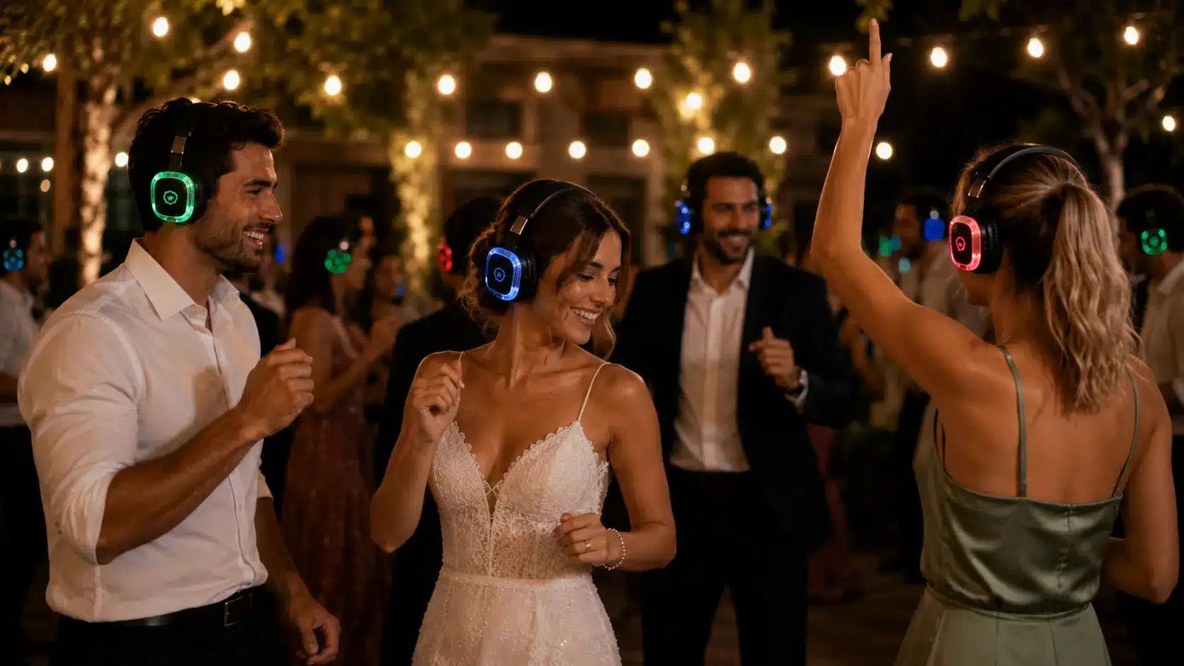 Wedding guests dance in colorful wireless headphones beneath vibrant reception lights.