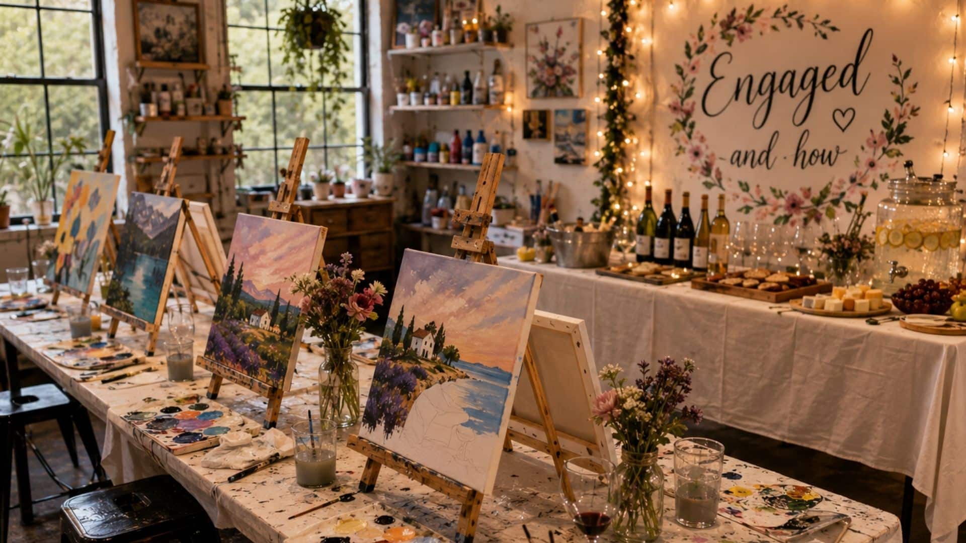 Engagement paint and sip setup with easels, paintings in progress, art supplies, wine, flowers, and refreshments.